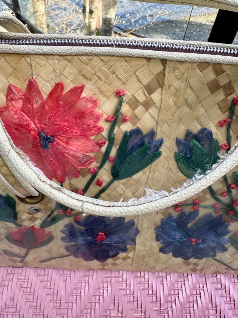 Vintage 50s/60s Woven Straw Floral Trinidad & Tobago Large Tote Travel Bag - Picture 9 of 16